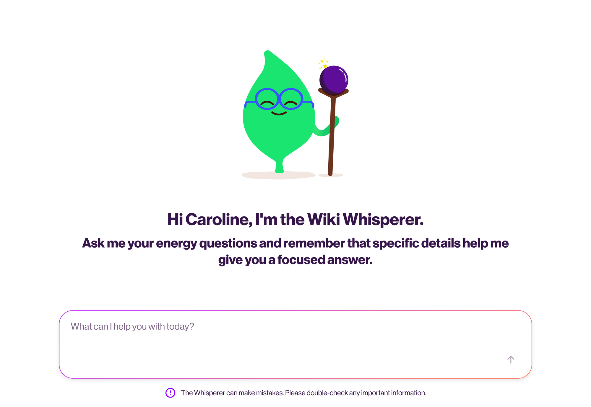 Wiki Whisperer v2 idle screen, the mascot ready for an energy question